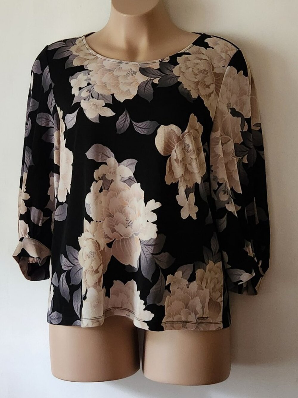 Calvin Klein blouse sz XL floral black white shell pink VGUC